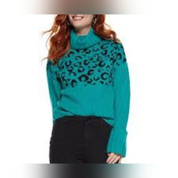 NWT Nine West M TurquoisBlackRibbed LeopardKnit Cropped Turtleneck Women Sweater - Picture 1 of 12